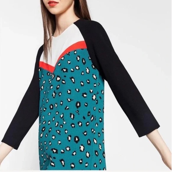 Zara Trafaluc Animal Print Teal Raglan Sleeve Shift Dress Size Small NWT - Picture 12 of 12